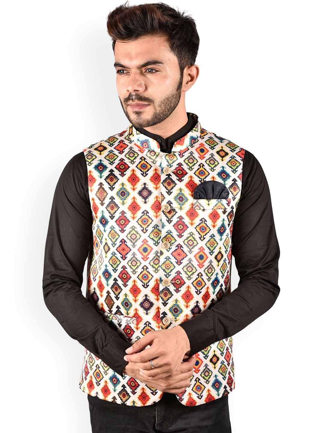 

PRINTCULTR Printed Woven Nehru Jacket, White