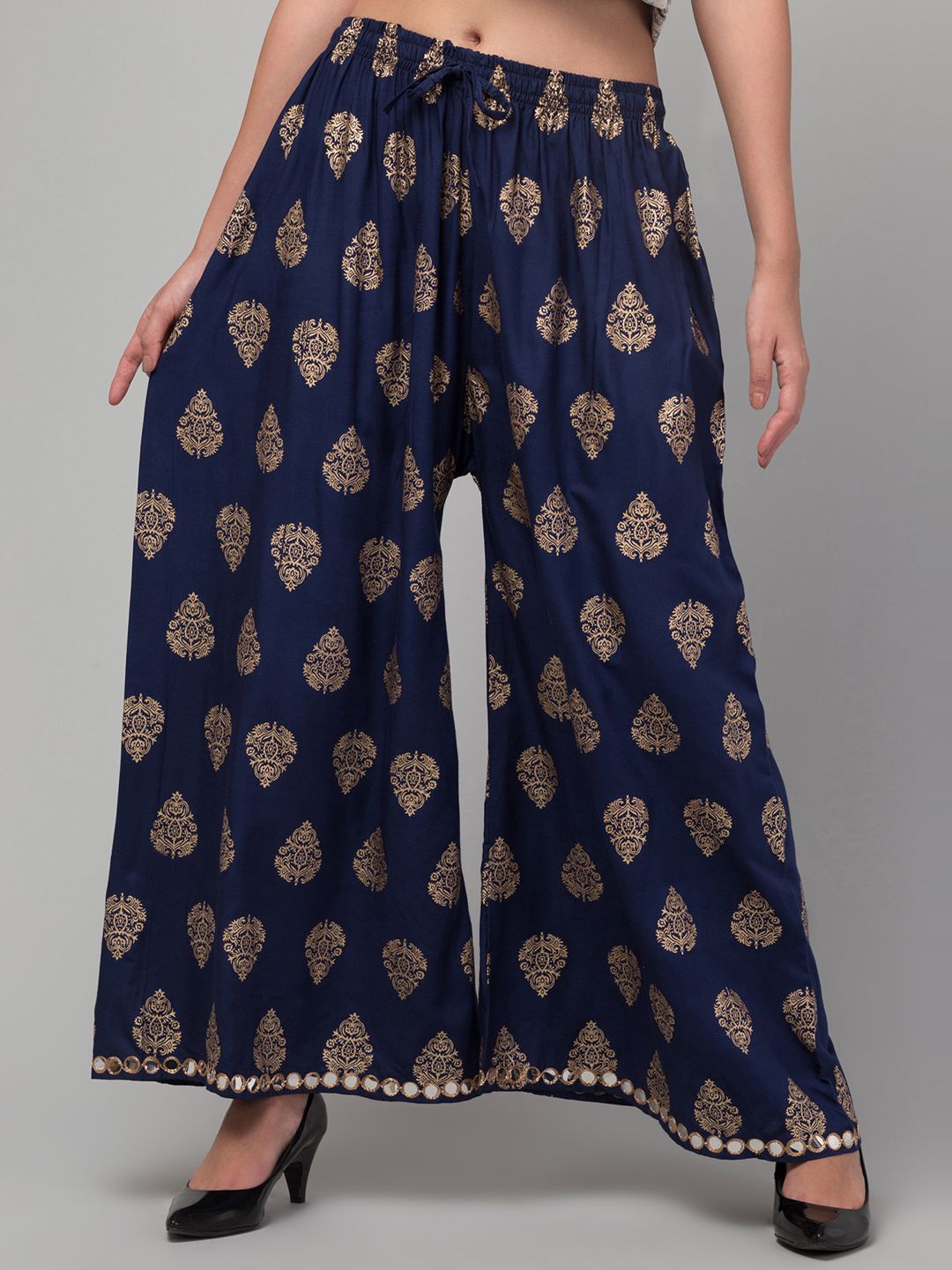 

FAMBEE Women Ethnic Motifs Printed Flared Knitted Palazzos, Navy blue