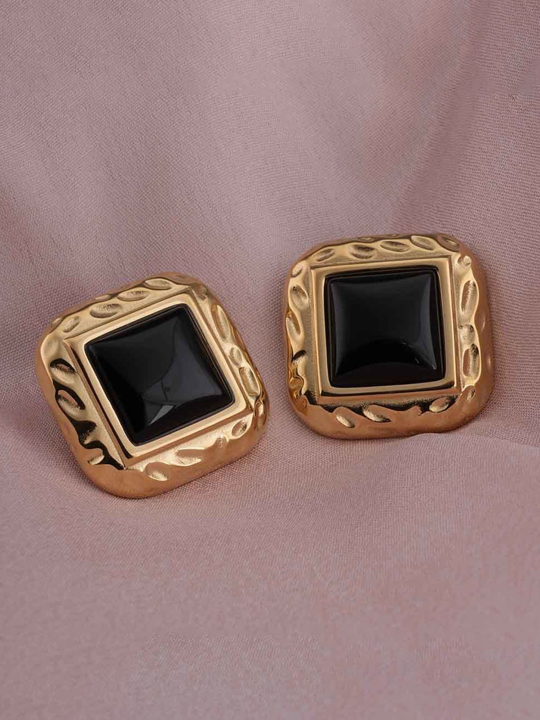

PALMONAS Stainless Steel Gold-Plated Stone Studded Square Studs