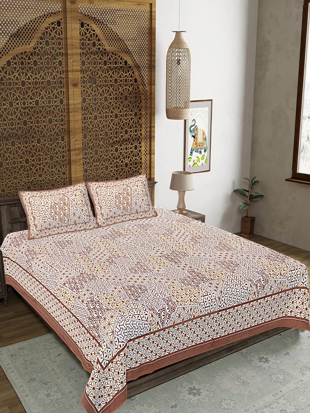 

FrionKandy Living Brown & White Ethnic Motifs 180 TC King Bedsheet With 2 Pillow Covers