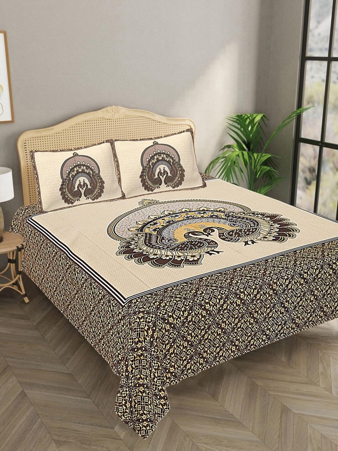 

Bombay Spreads Yellow & Brown Ethnic Motifs144 TC King Bedsheet with 2 Pillow Covers