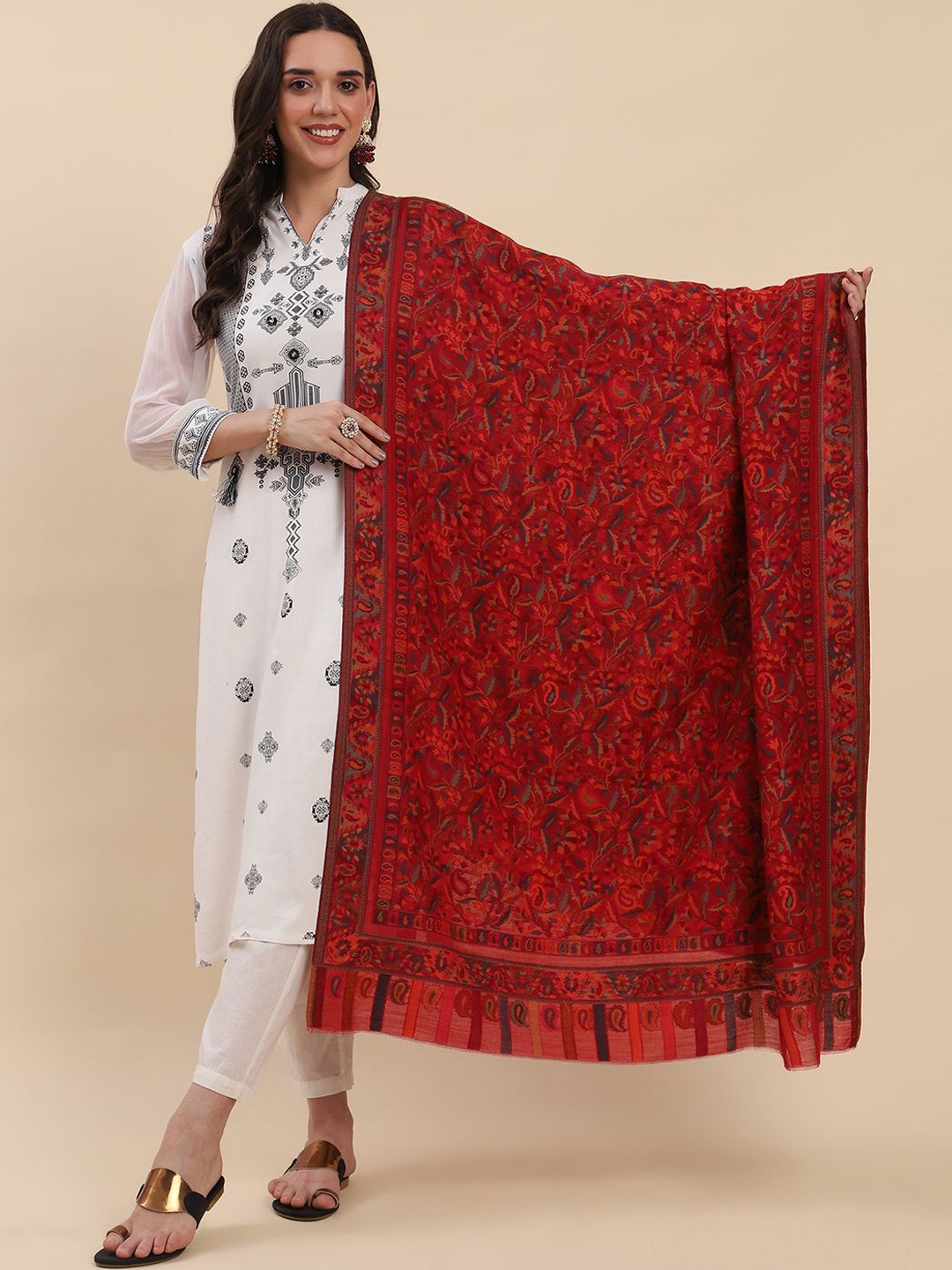 

La Vastraa Women Floral Woven Design Shawl, Red