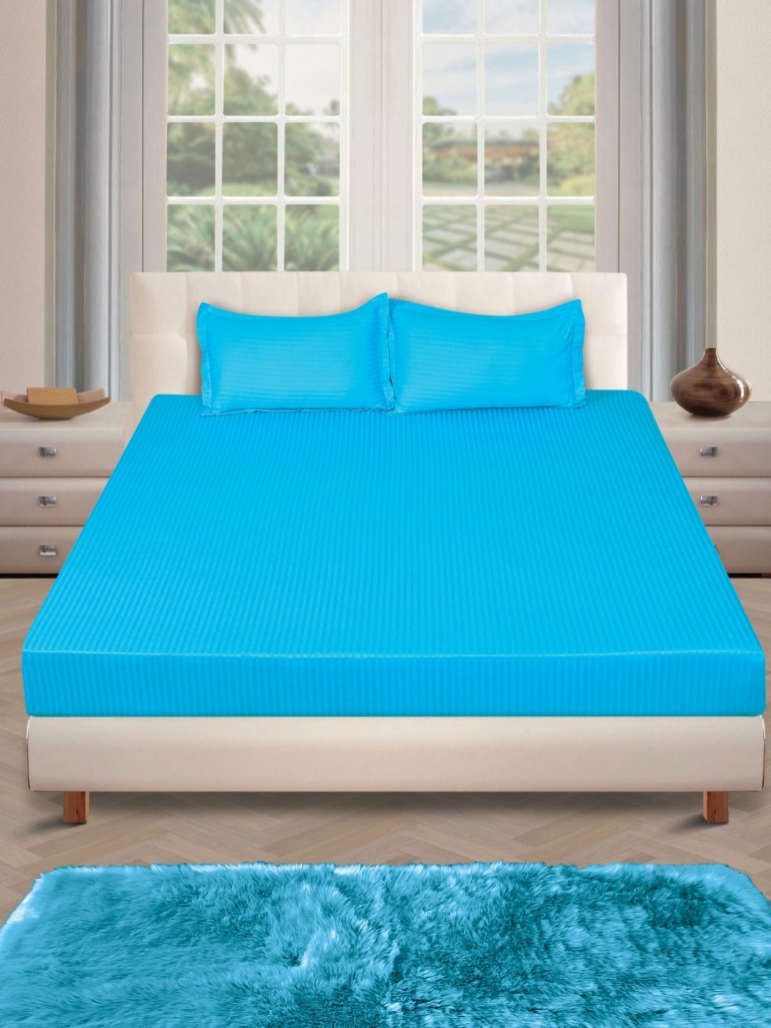 

Myntra Elegant Homes Blue Striped 260 TC Cotton Double King Bedsheet with 2 Pillow Covers