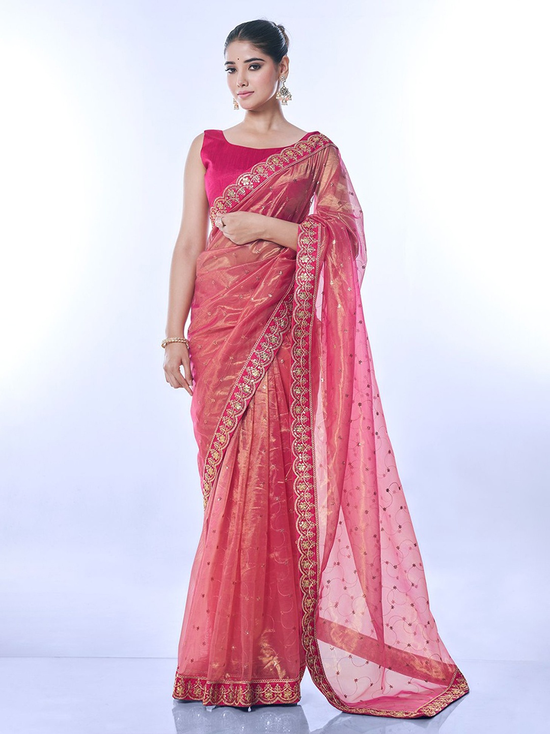 

Mitera Embellished Sequinned Net Saree, Pink