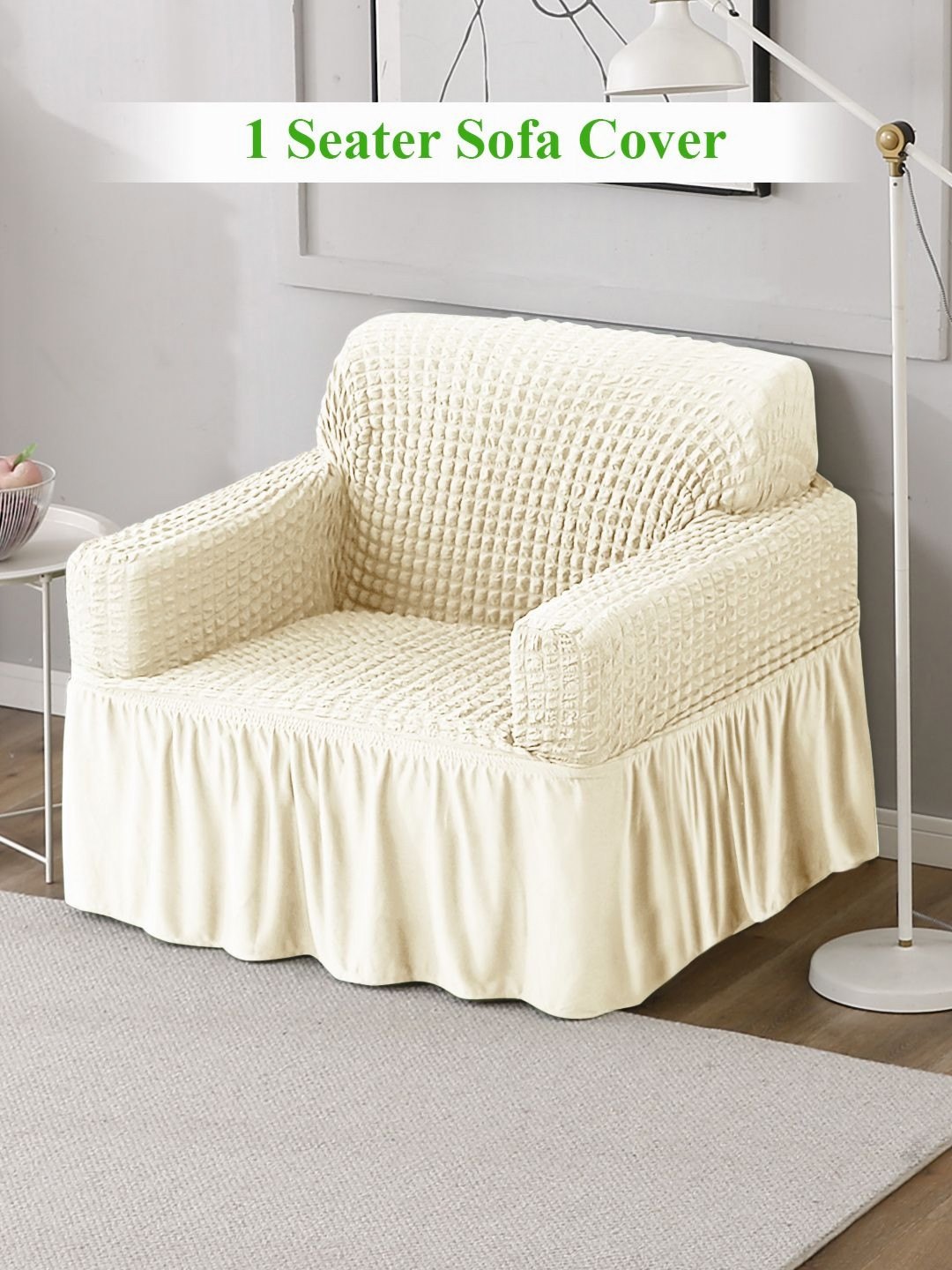 

HOKIPO Cream-Coloured Self Design Stretchable Turkish Bubble Sofa Frill Cover With Arms