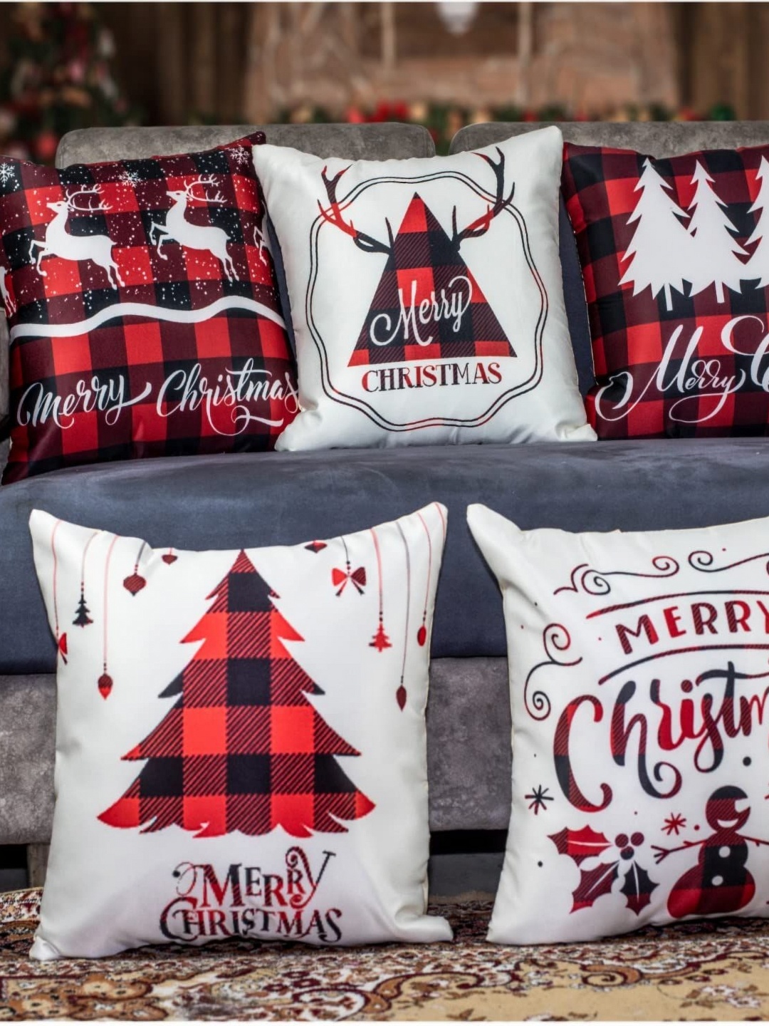 

Vendola Red & White 5 Pieces Graphic Printed Square Cushion Covers With Fillers