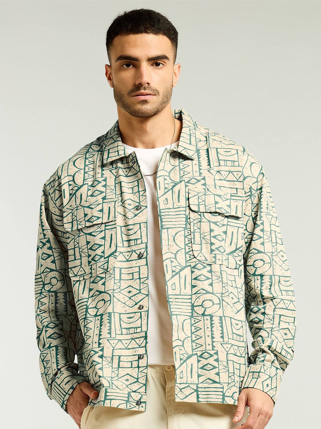 

Beyoung Men Spread Collar Geometric Printed Cotton Relaxed Fit Casual Shirt, Green