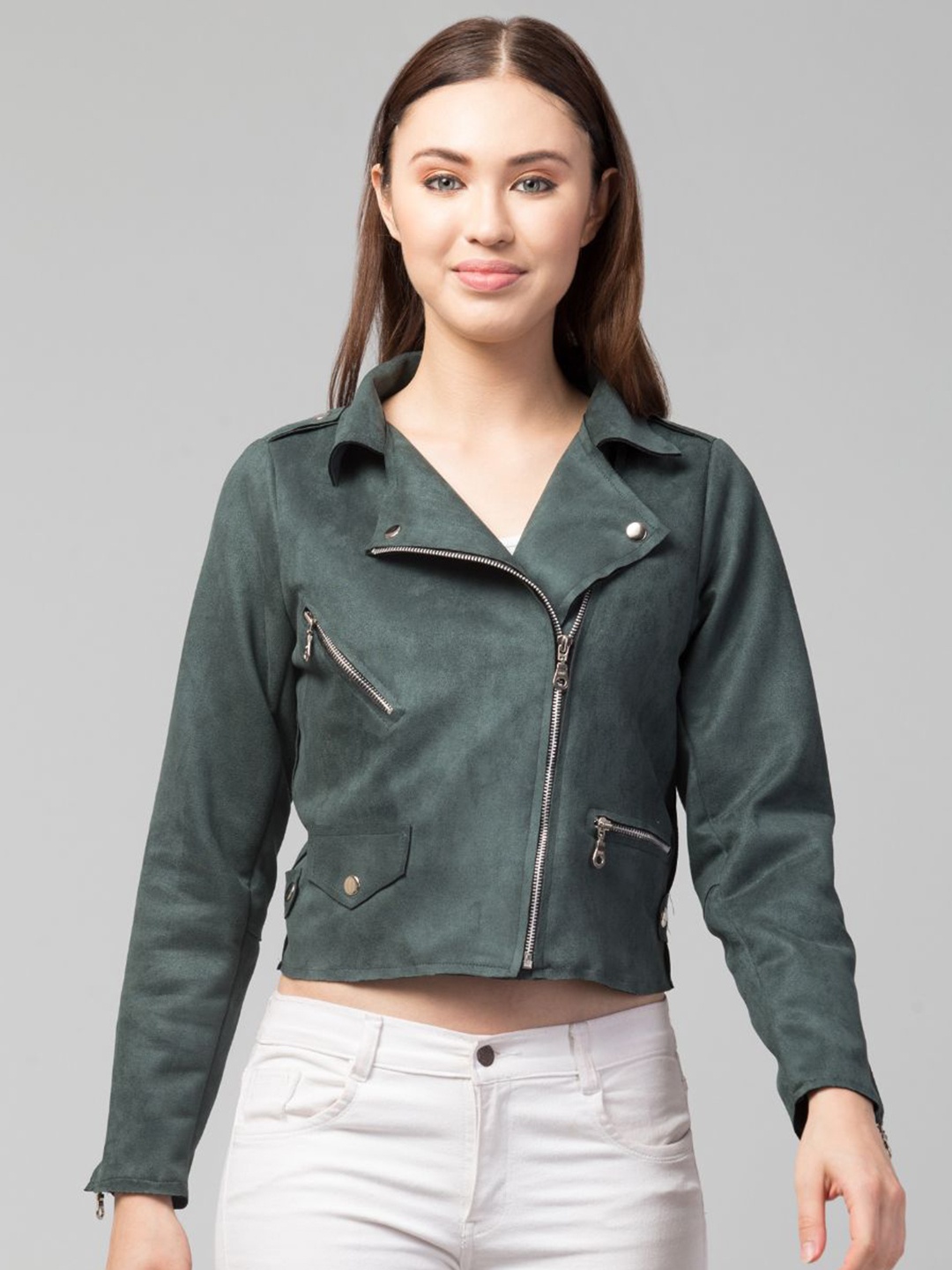 

GalaxyTrendz Women Suede Windcheater Crop Tailored Jacket, Green