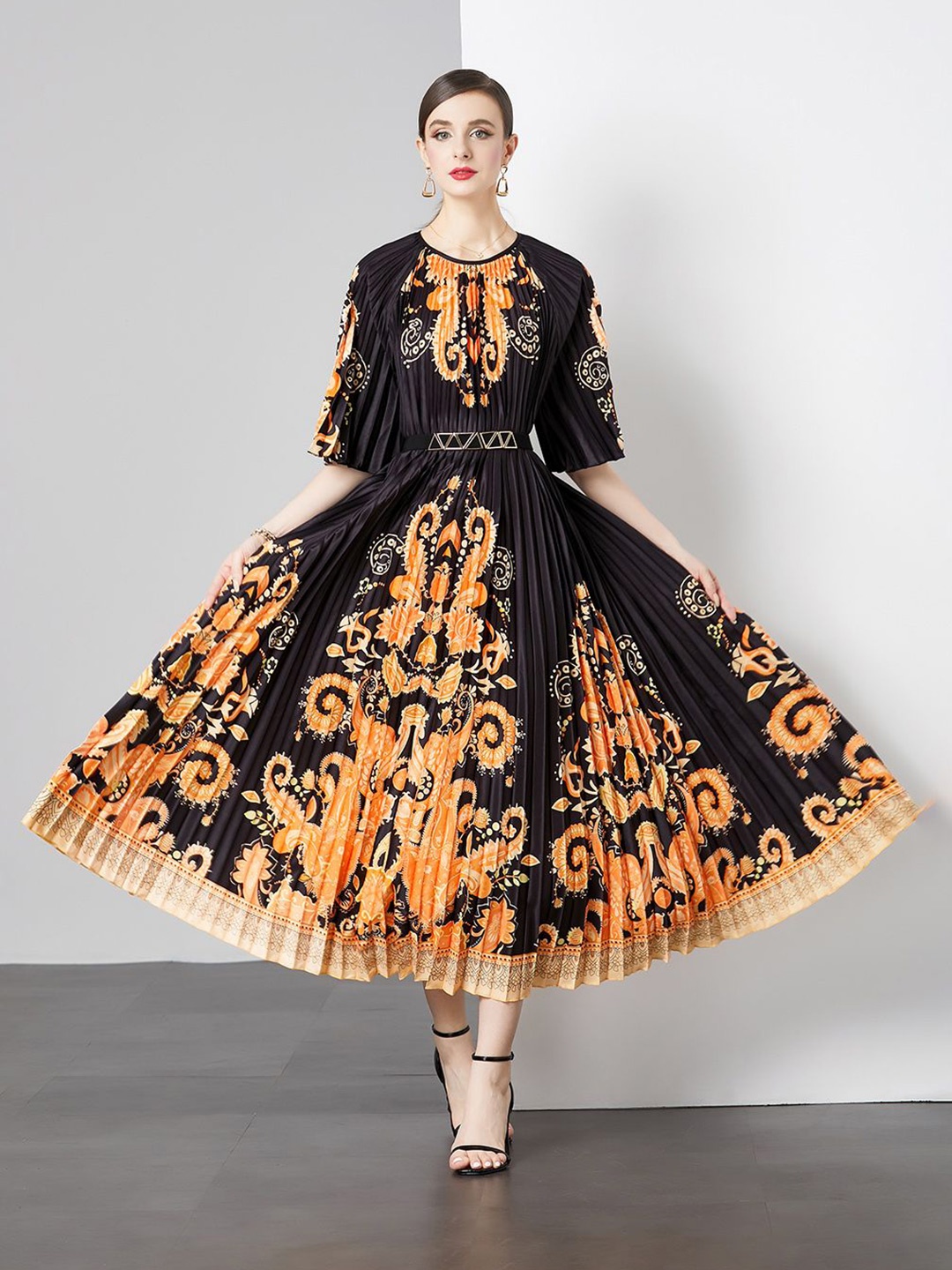

JC Collection Women Ethnic Motifs Print Fit & Flare Midi Dress, Yellow