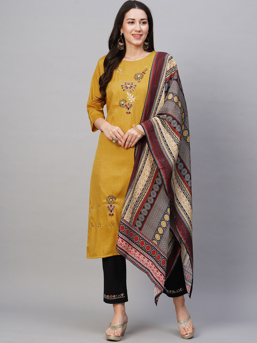 

Kiana House Of Fashion Floral Embroidered Sequinned Straight Kurta & Trouser & Dupatta, Mustard