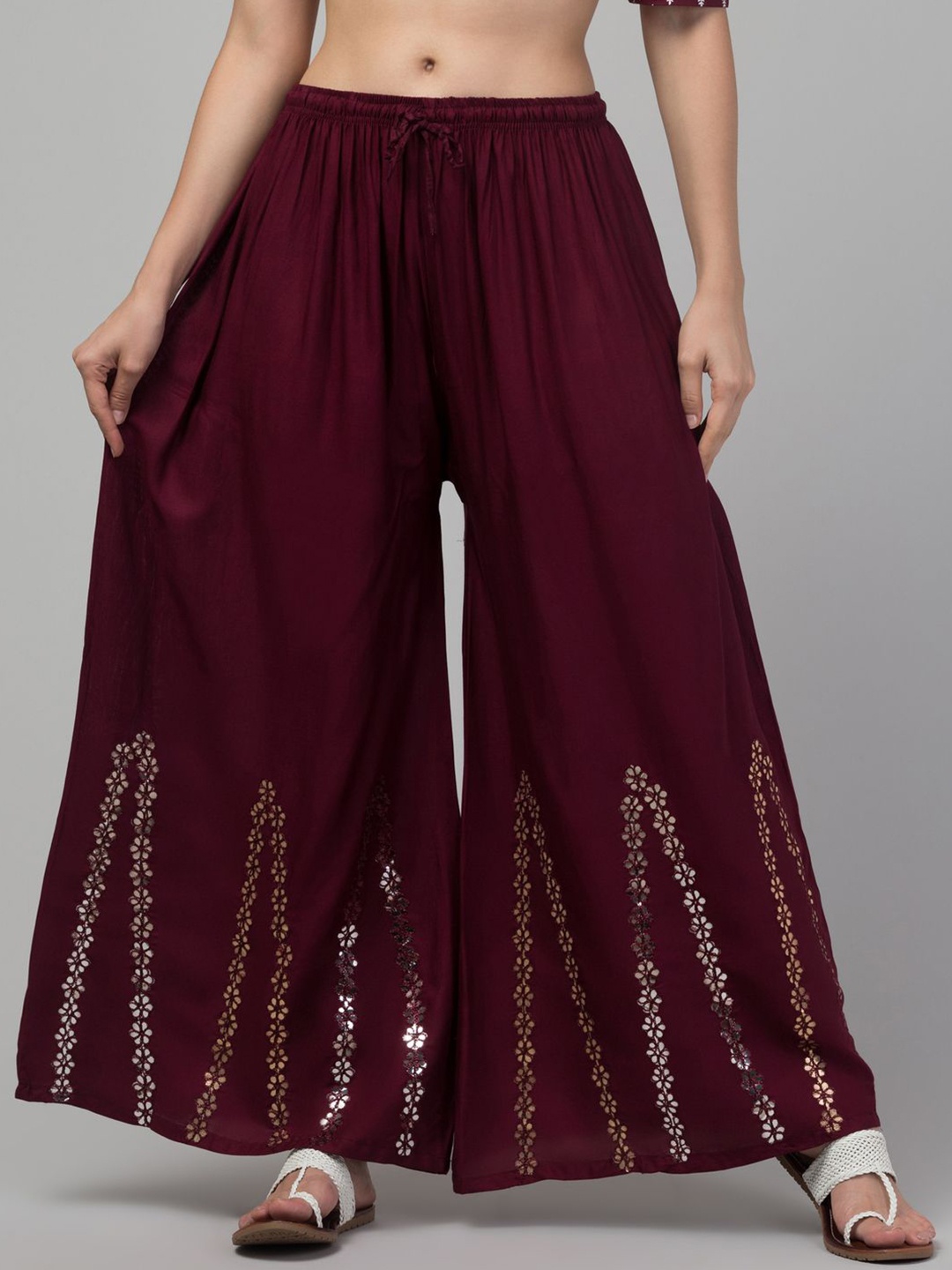 

FAMBEE Women Ethnic Motifs Embroidered Flared Ethnic Palazzos, Burgundy