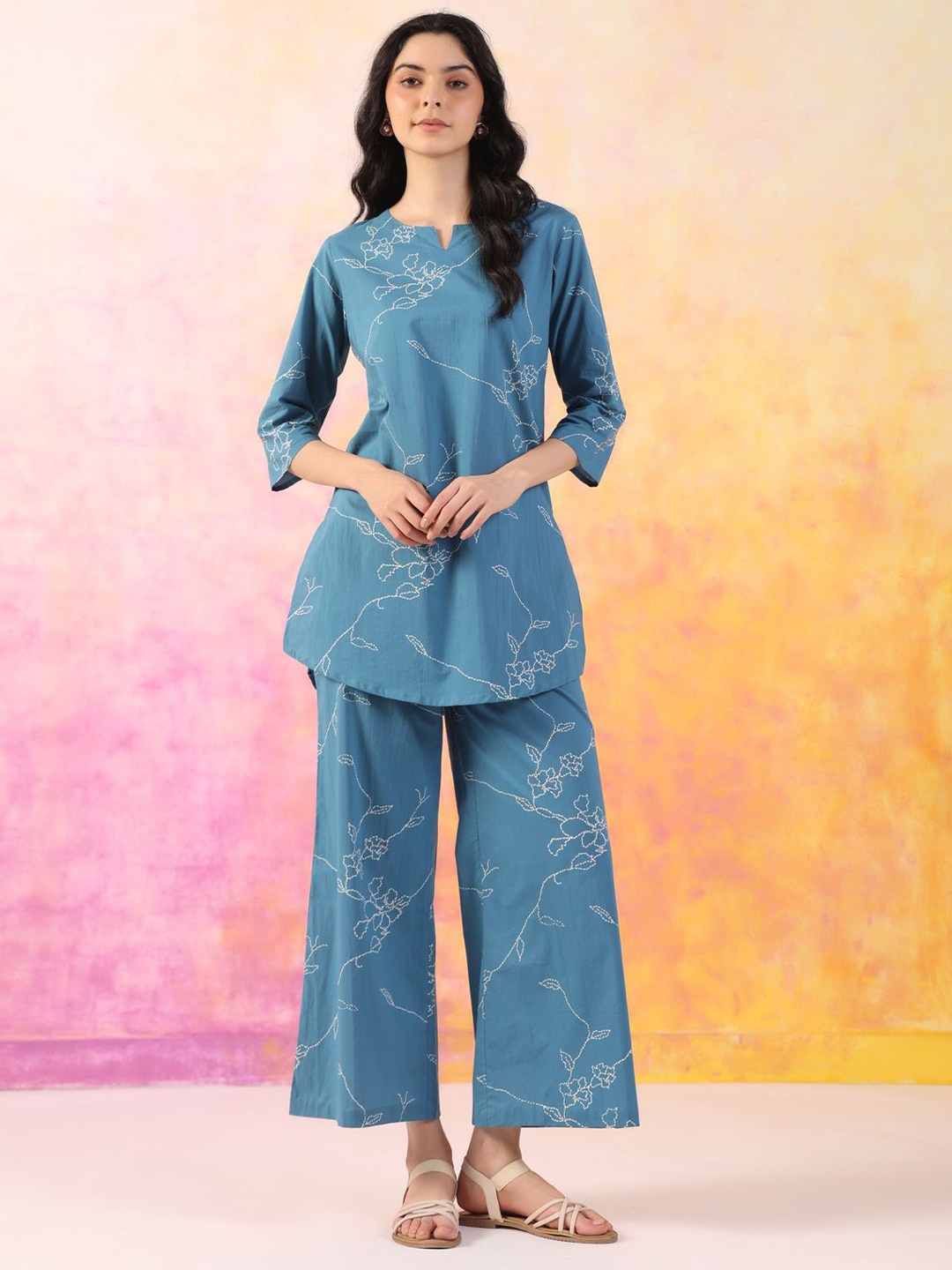 

JISORA Printed Pure Cotton Co-Ords Set, Blue