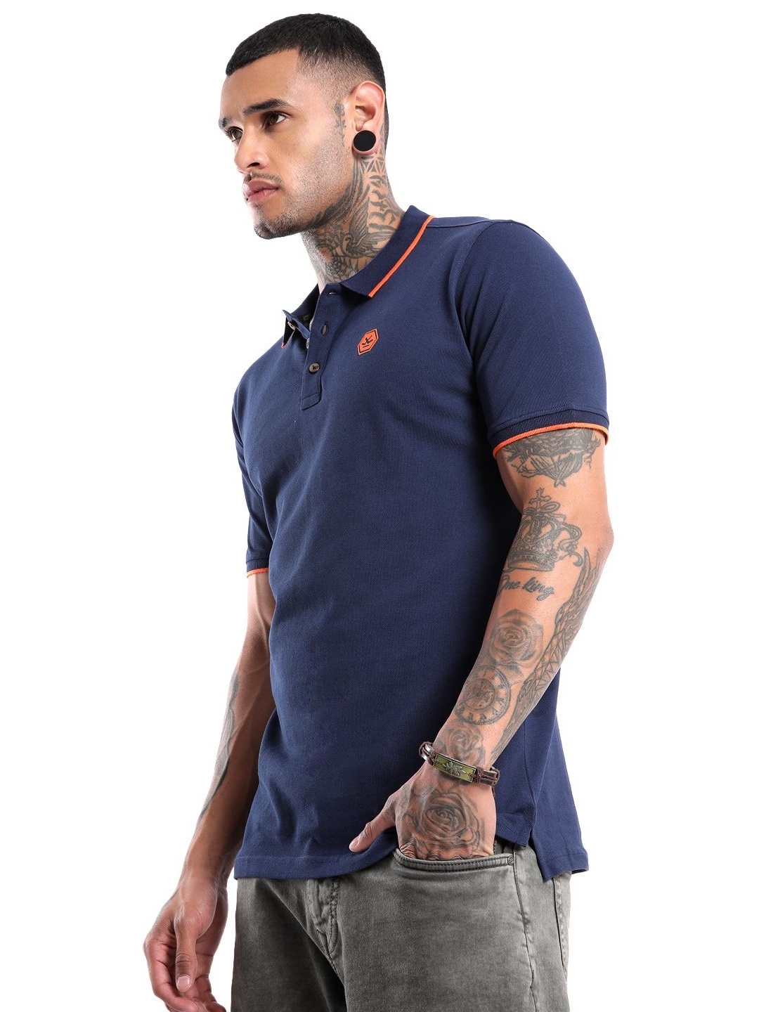 

WROGN Men Solid Polo Collar Pure Cotton Slim Fit T-shirt, Navy blue