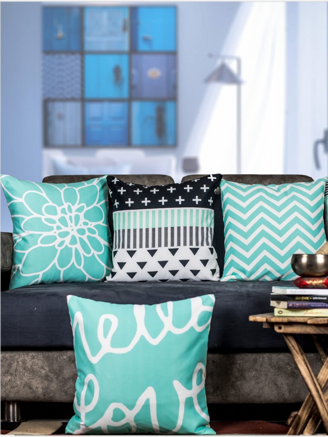 

Vendola Blue & White 5 Pieces Satin Geometric Square Cushion Covers