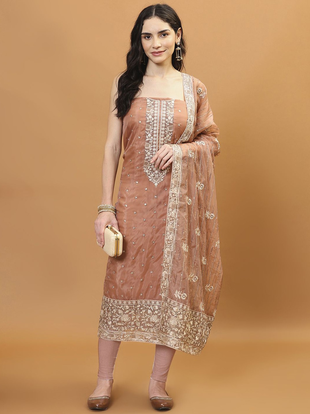 

Meena Bazaar Embroidered Organza Unstitched Dress Material, Rust