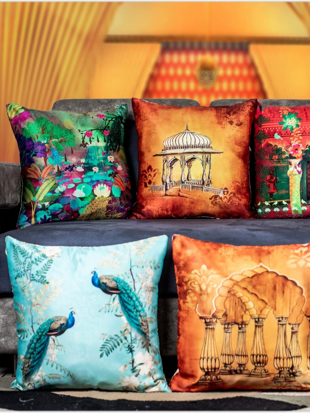 

Vendola Yellow & Blue 5 Pieces Ethnic Motifs Printed Satin Square Cushion Covers