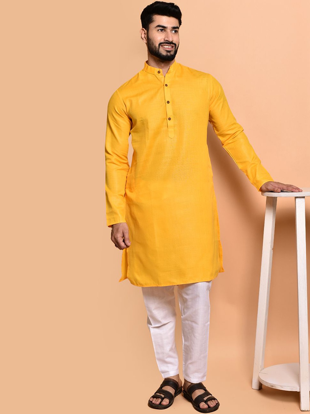 

PRINTCULTR Men Regular Pure Cotton Kurta with Trousers, Yellow
