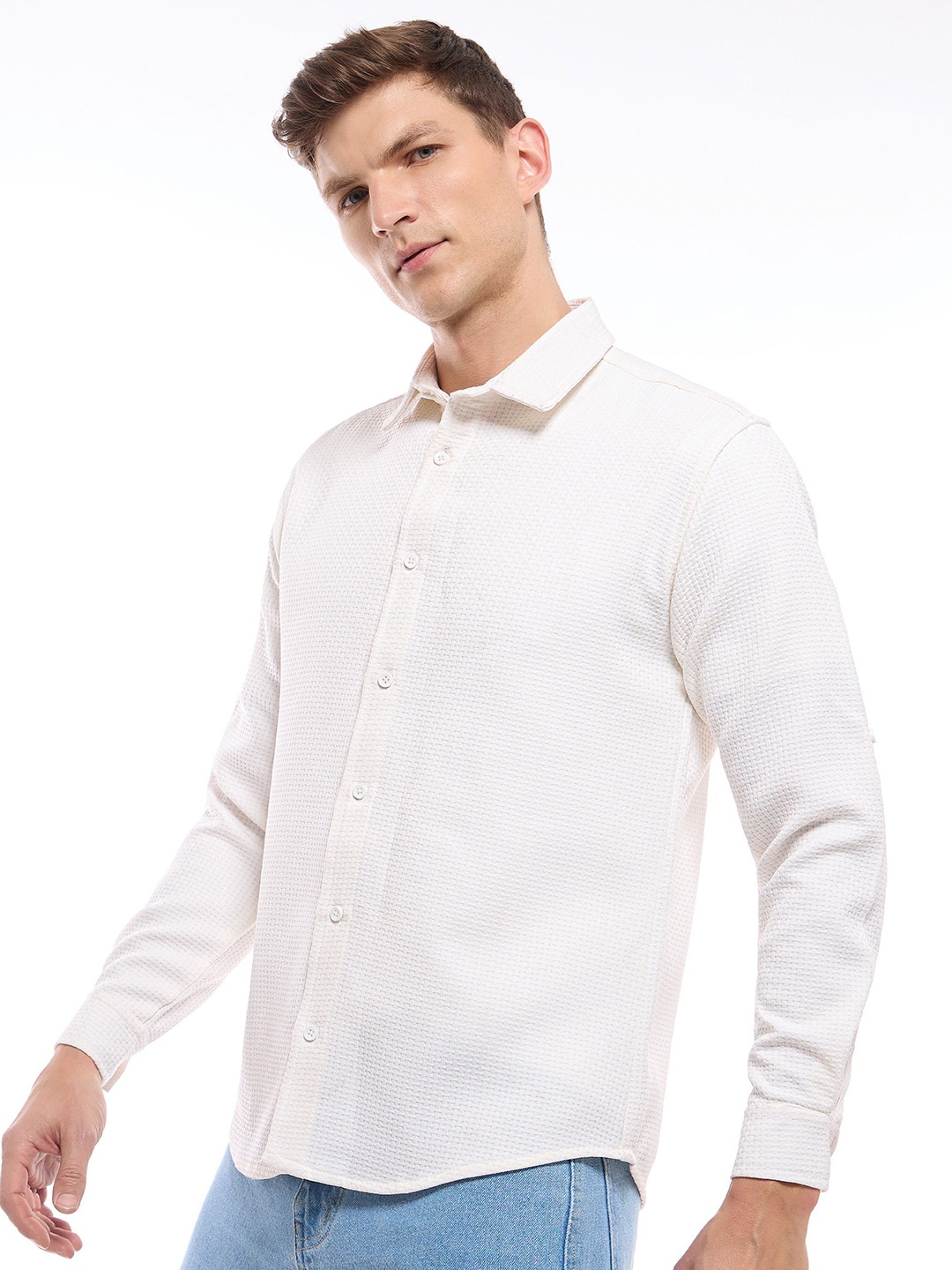 

Beyoung Men Spread Collar Solid Cotton Relaxed Fit Casual Shirt, White