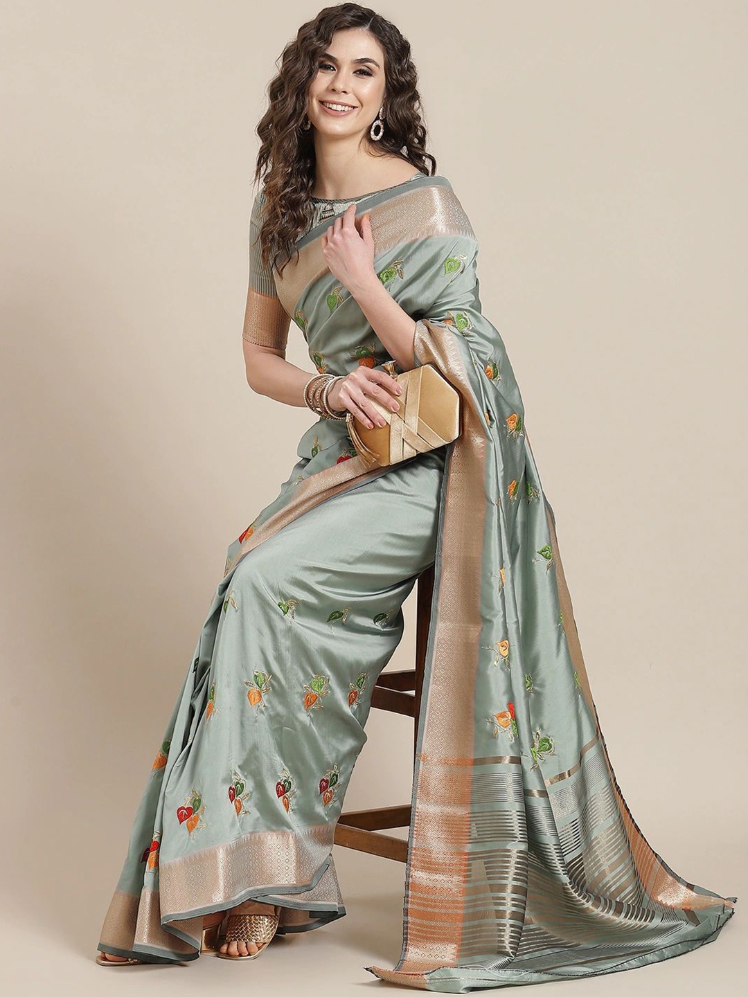 

KAVINDI Floral Embroidered Silk Cotton Saree, Turquoise blue