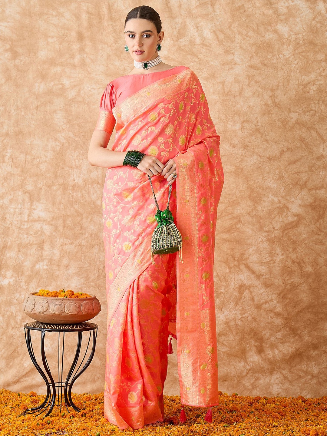 

Sangria Woven Design Banarasi Saree With Blouse Piece, Peach