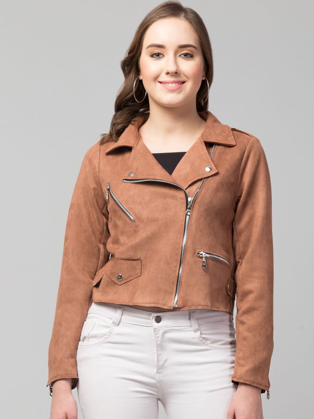 

GalaxyTrendz Women Suede Windcheater Crop Tailored Jacket, Brown