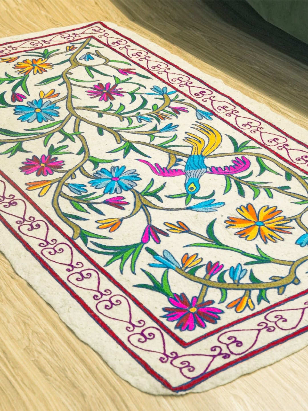 

Swadeh White & Blue Ethnic Motifs Woollen Floor Mat