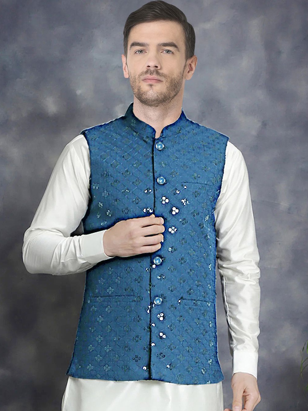 

SG LEMAN Embroidered Nehru Jacket, Turquoise blue