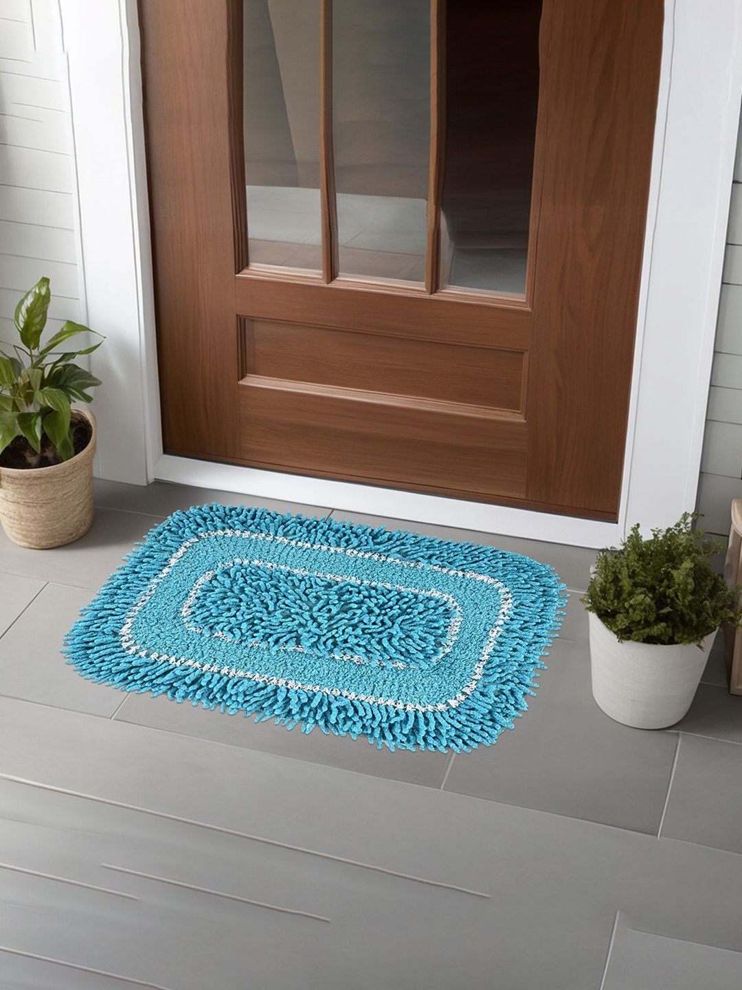 

Kuber Industries Blue & White Textured Microfiber Anti-Slip Doormats