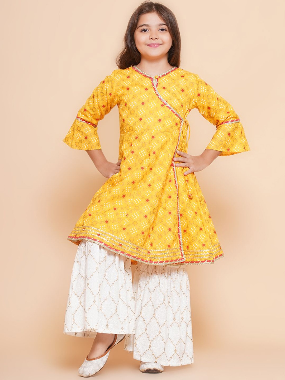 

Bitiya by Bhama Girls Ethnic Motifs Printed Angrakha Gotta Patti Pure Cotton Kurta with Sharara, Yellow