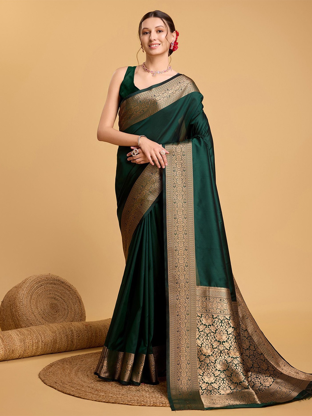 

bansari textiles Zari Silk Cotton Banarasi Saree, Green