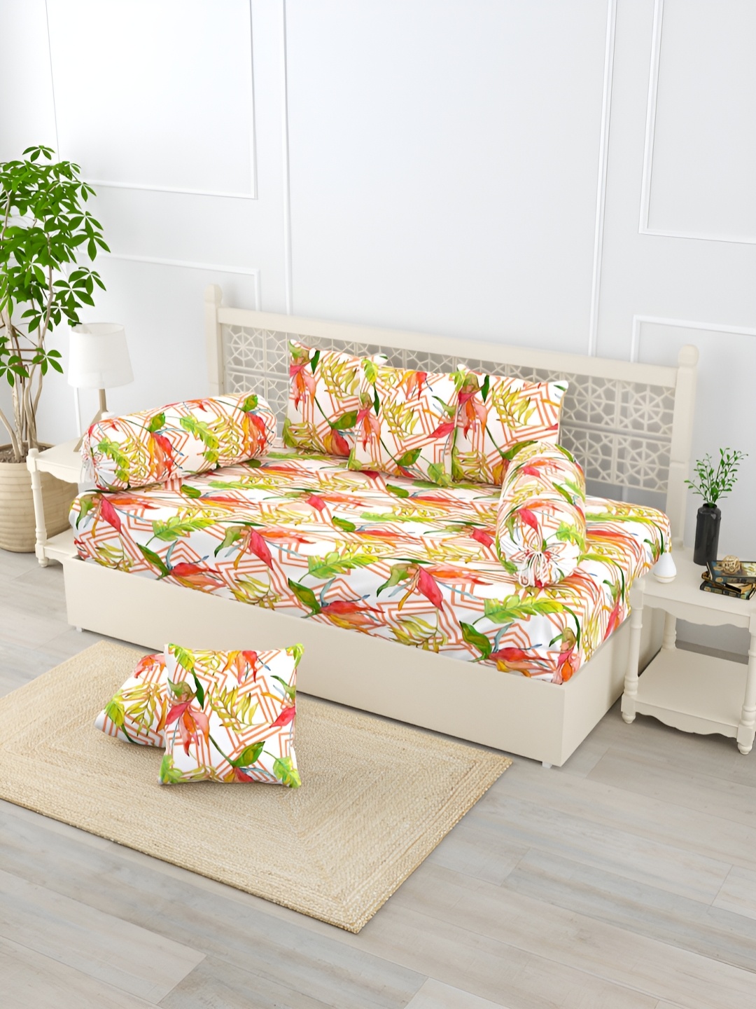 

EverHOME Red & Green 8 Pieces Floral Printed Pure Cotton Diwan Set