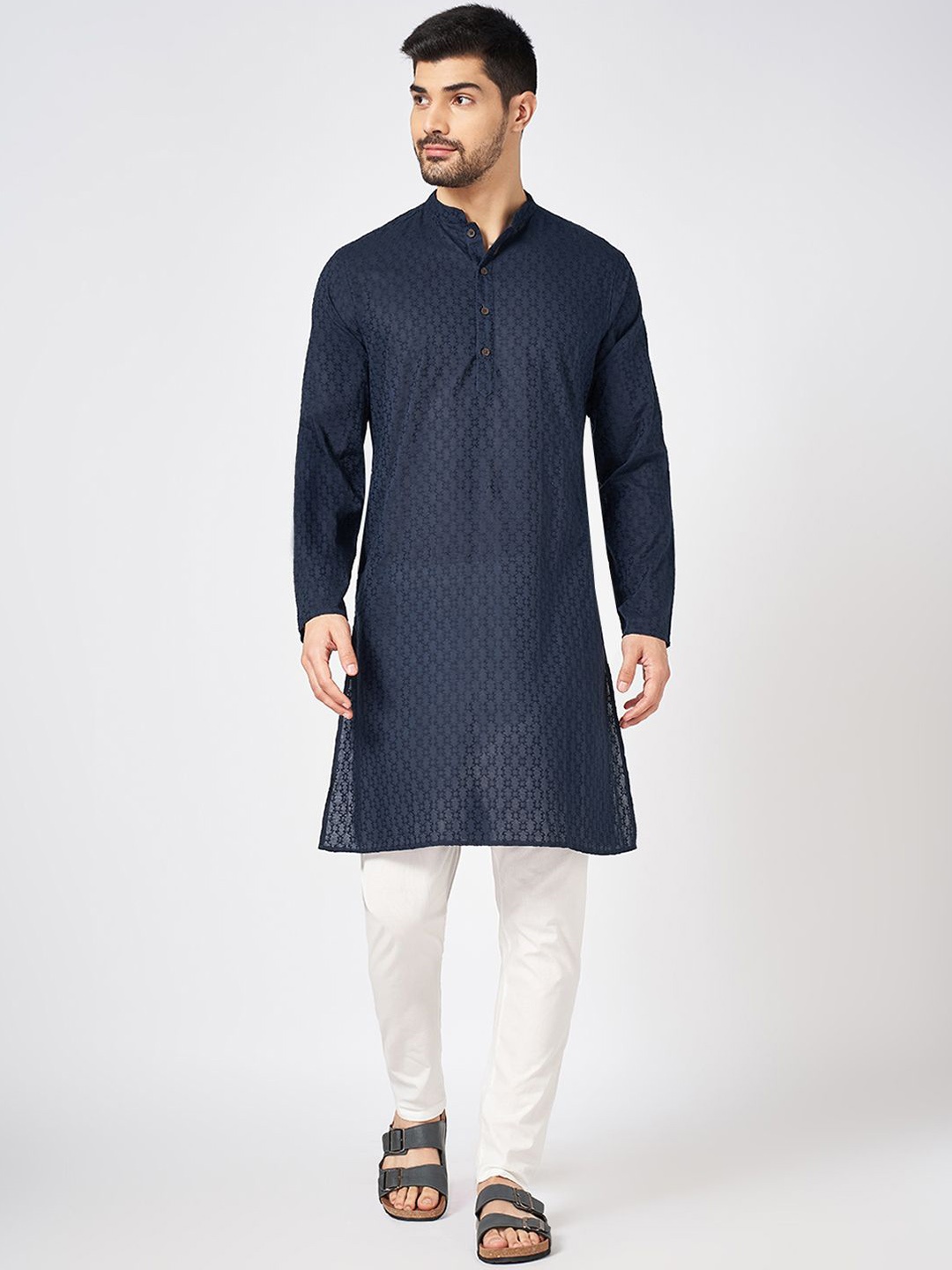 

indus route by Pantaloons Mandarin Collar Geometric Cotton Straight Kurta, Blue