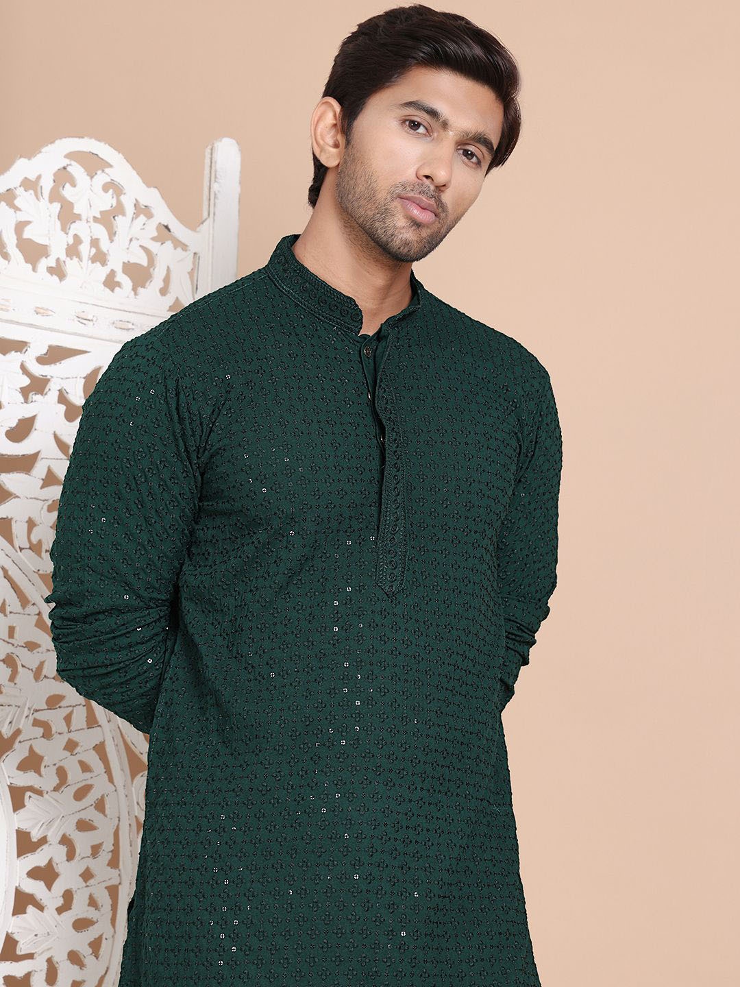 

Anouk Men Floral Embroidered Sequinned Kurta, Olive