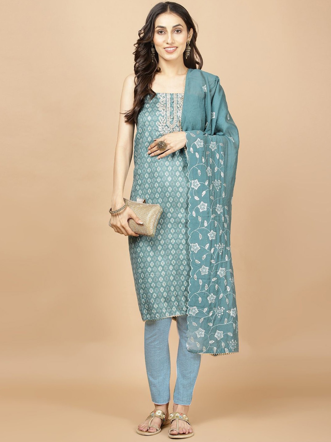 

Meena Bazaar Floral Printed Unstitched Dress Material, Blue