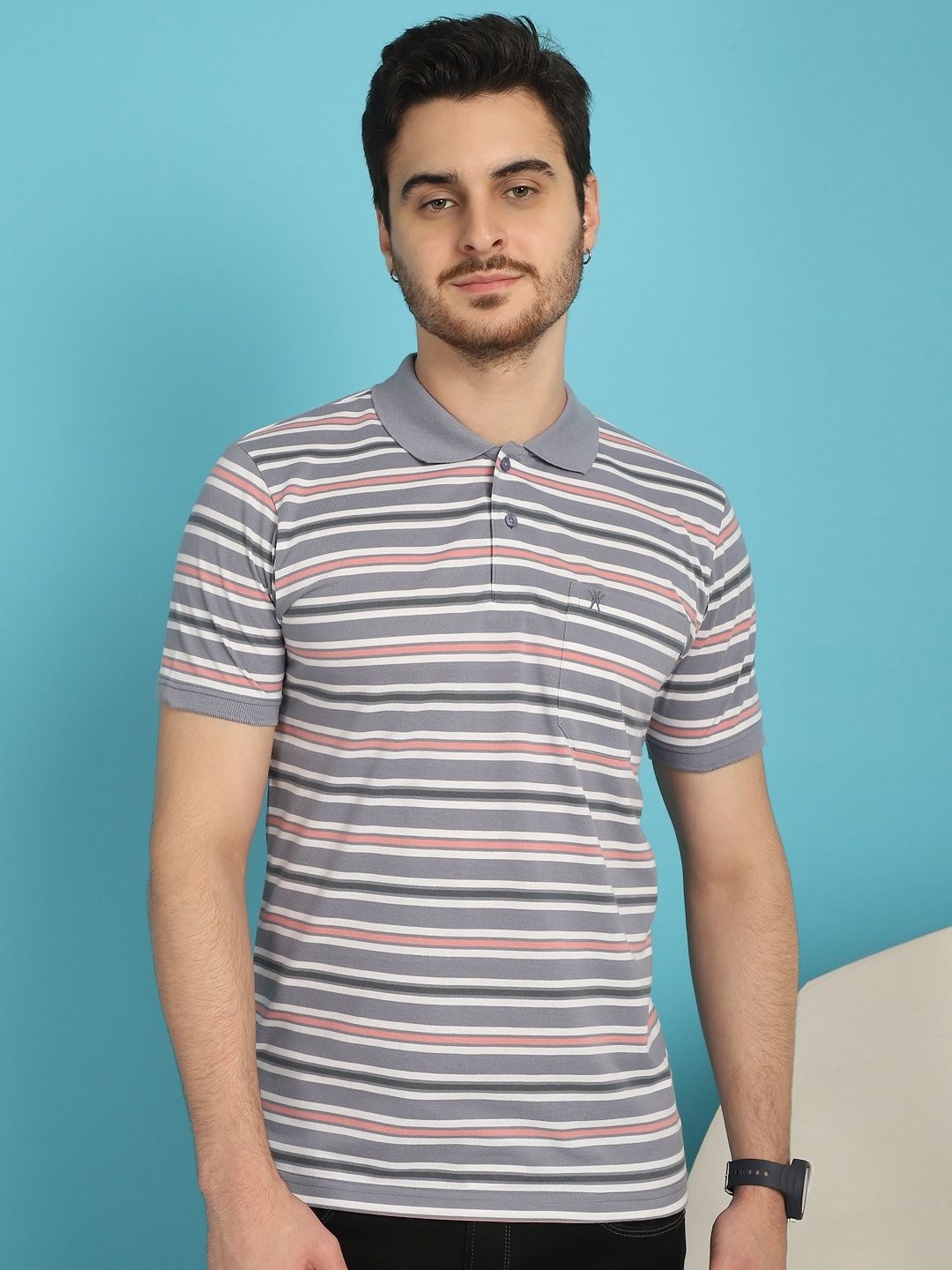 

VENITIAN Men Striped Polo Collar Cotton T-shirt, Grey