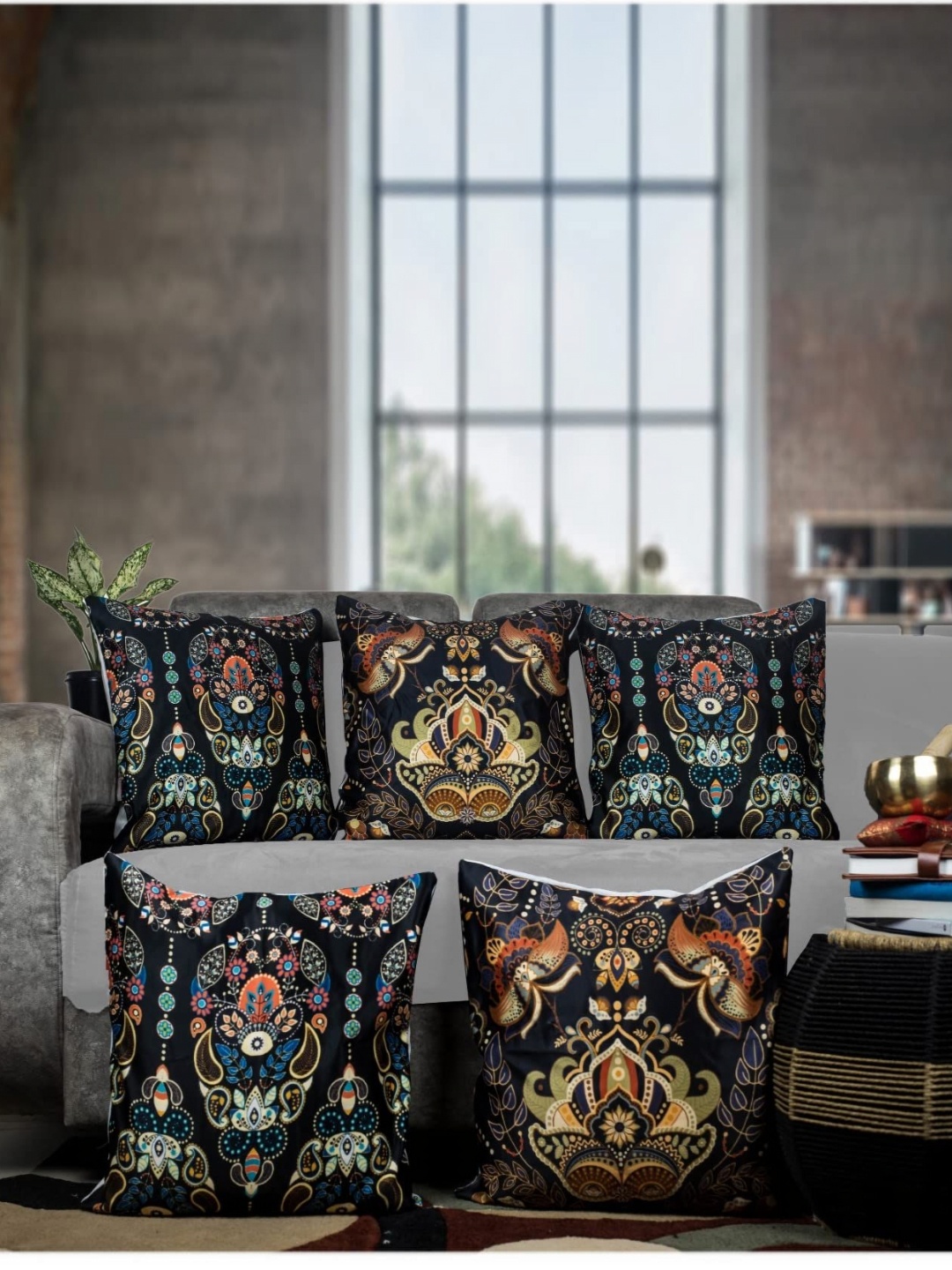 

Vendola Black & Brown 5 Pieces Ethnic Motifs Printed Satin Square Cushion Covers