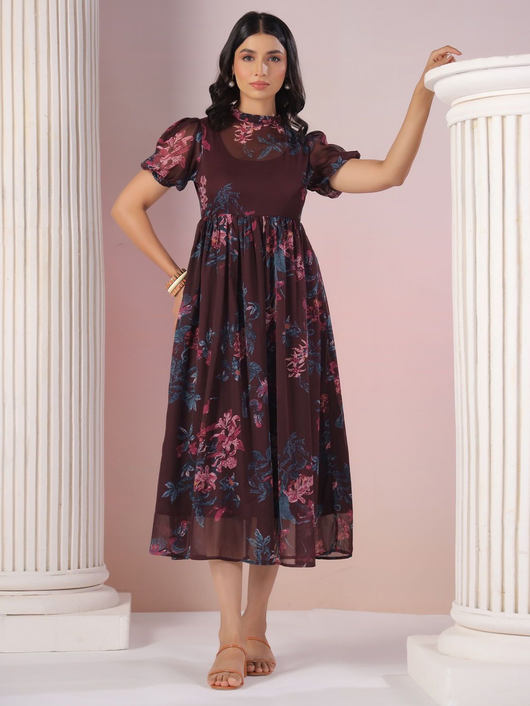 

Polago Clothing Floral Print Puff Sleeve Georgette Empire Midi Dress, Maroon