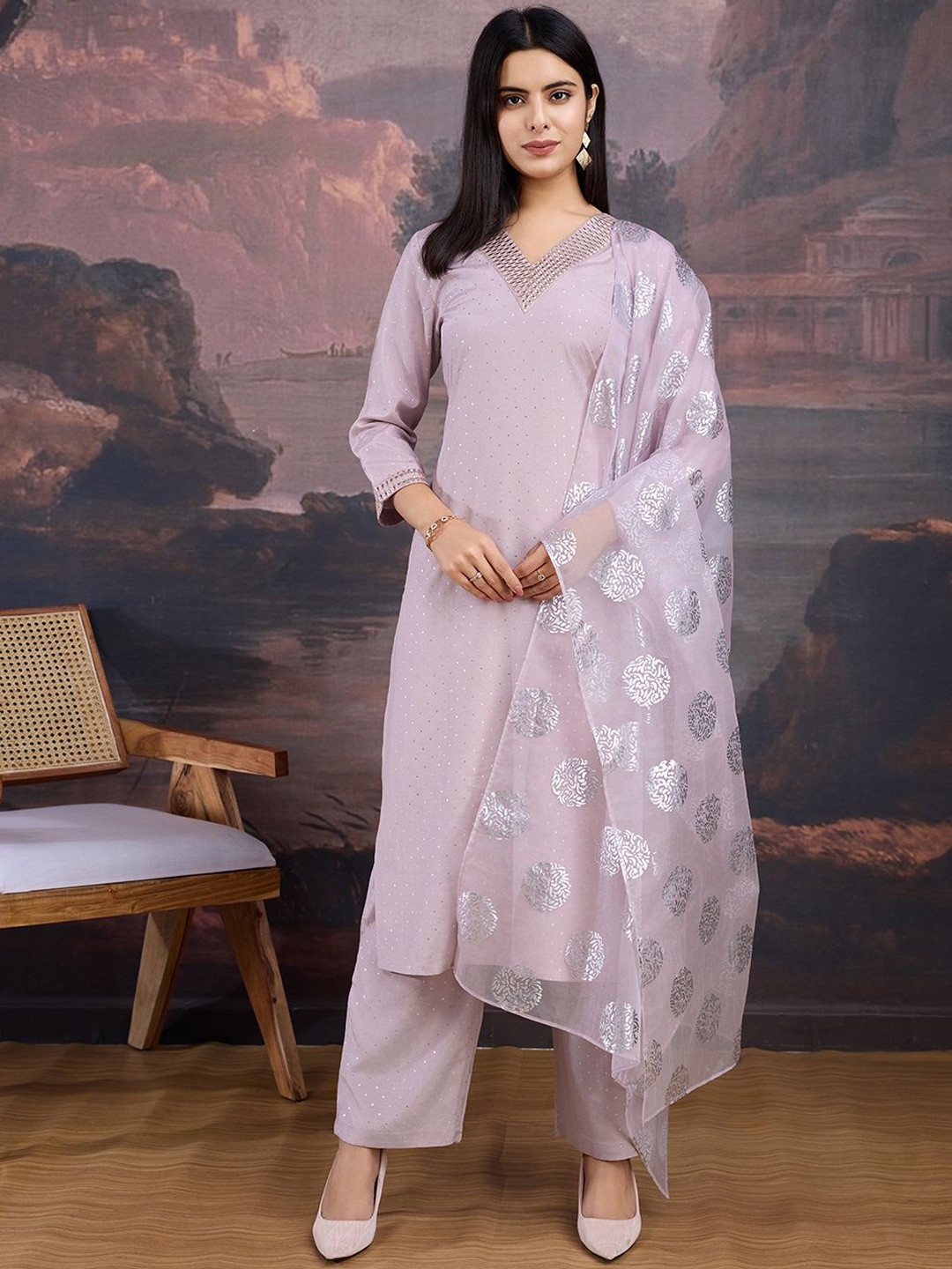 

House of Pataudi Long Sleeves Kurta & Trousers With Dupatta, Pink