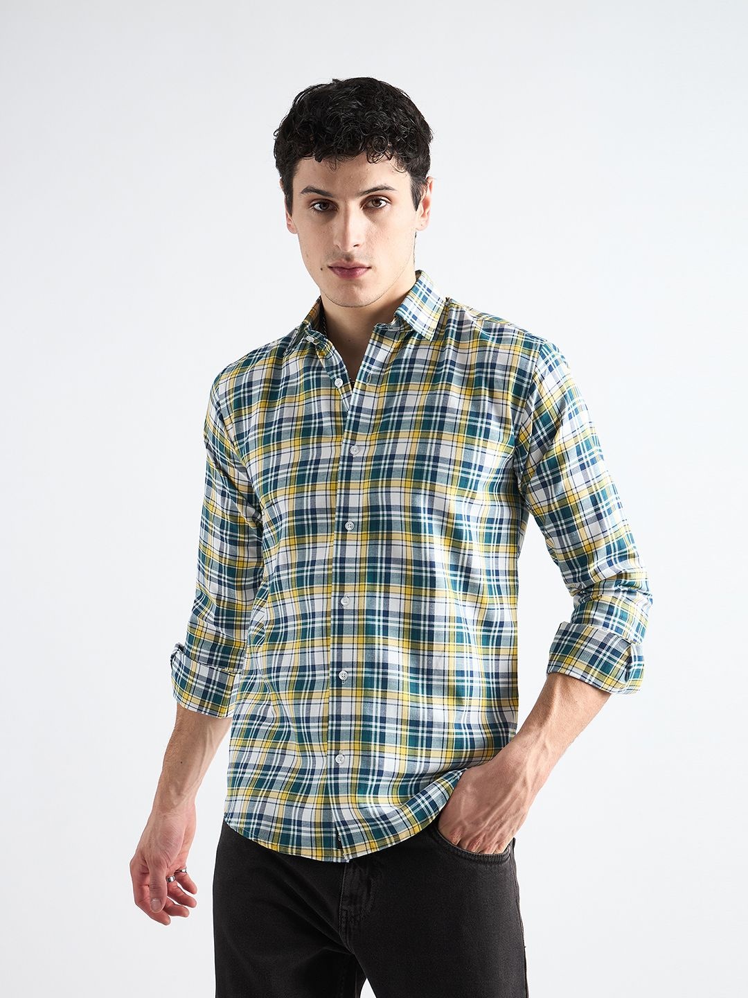 

all yours Men Classic Slim Fit Tartan Checks Opaque Checked Formal Shirt, Yellow