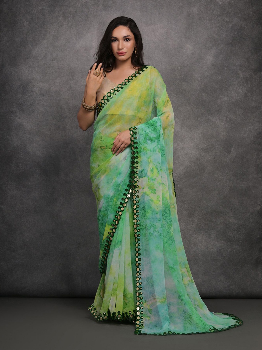 

Mitera Abstract Printed Mirror Work Saree, Green