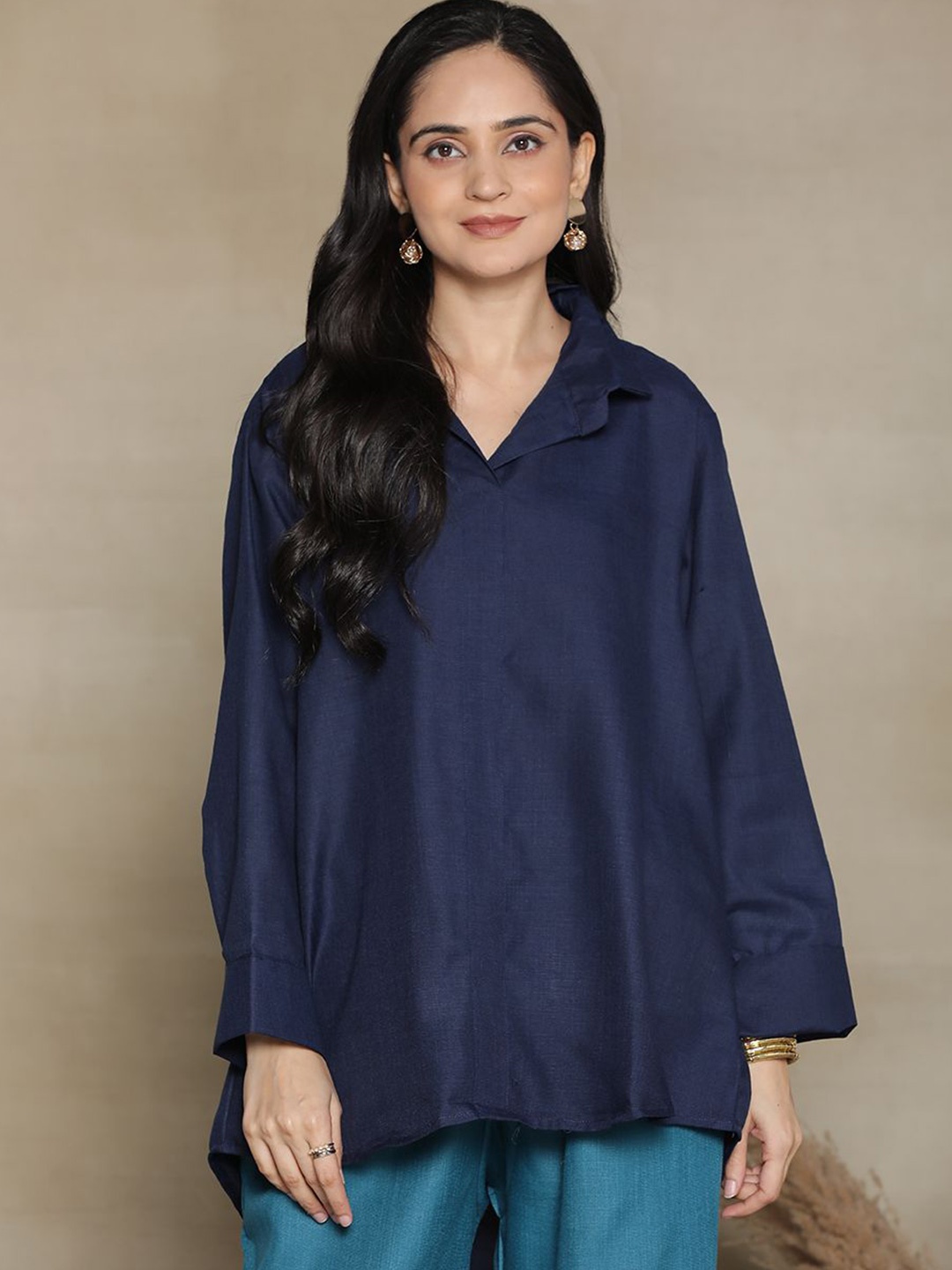 

LetsDressUp Women Solid Shirt Collar Pure Cotton Top, Navy blue