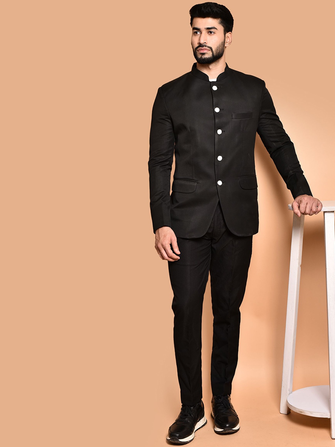 

PRINTCULTR Mandarin Collar Single Vent Bandhgala Blazer, Black