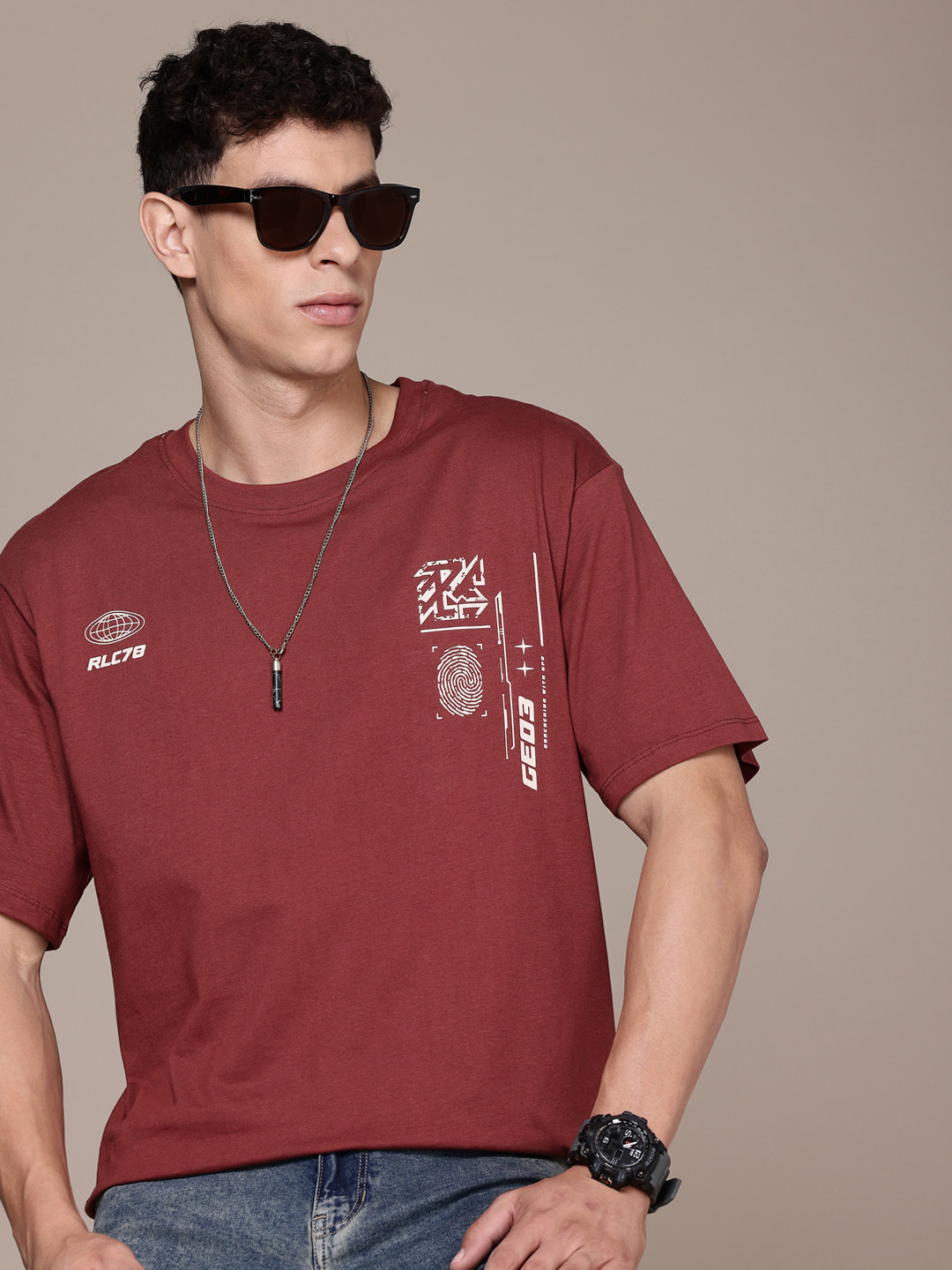 

The Roadster Life Co. Graphic Printed Relaxed Fit Pure Cotton T-shirt, Rust