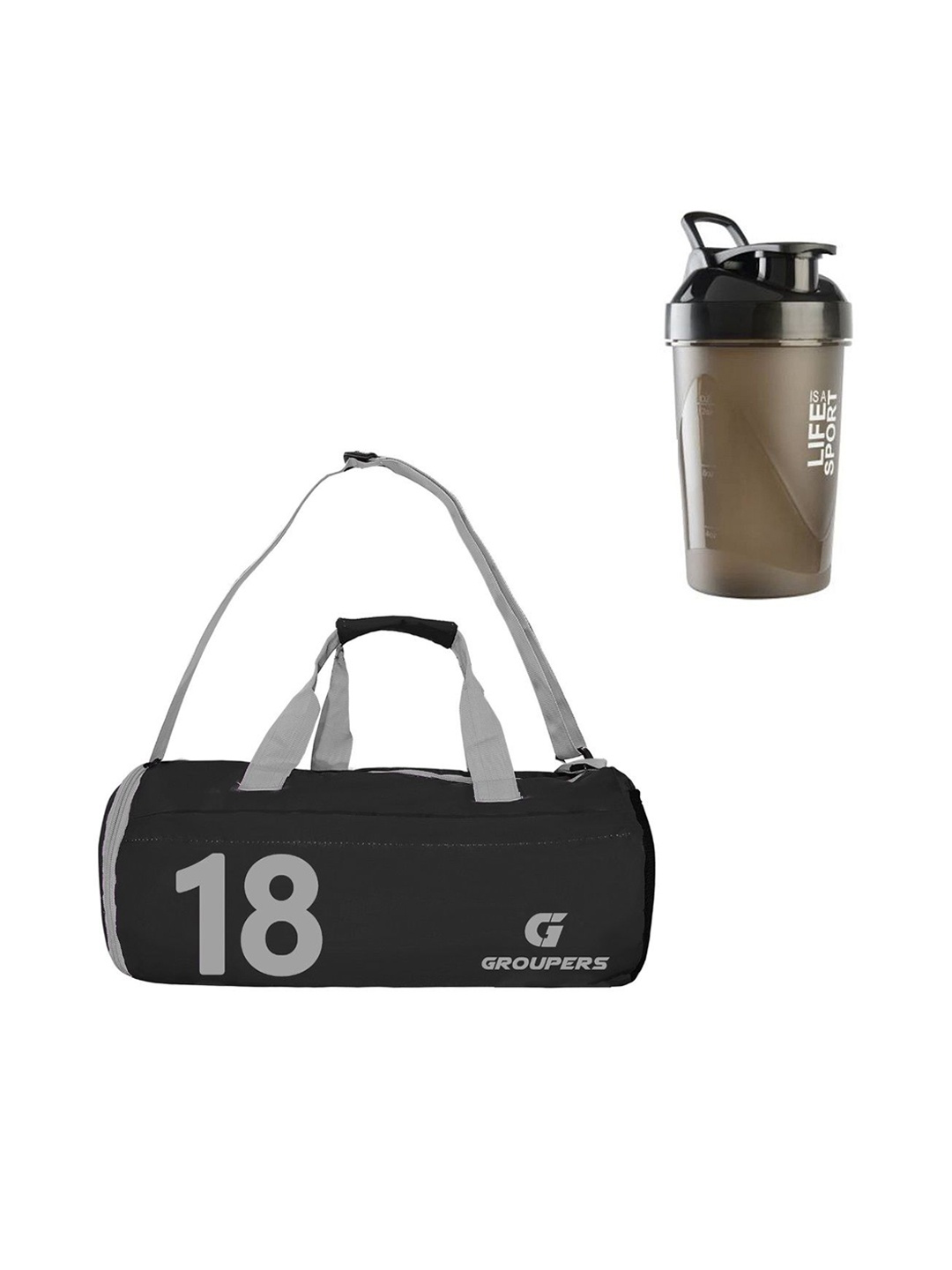 

GROUPERS Printed Medium Foldable Sports Duffel Bag With Shaker Bottle, Black