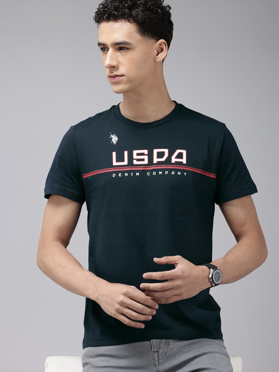 

U.S. Polo Assn. Denim Co. Pure Cotton Brand Logo Printed Slim Fit T-shirt, Navy blue