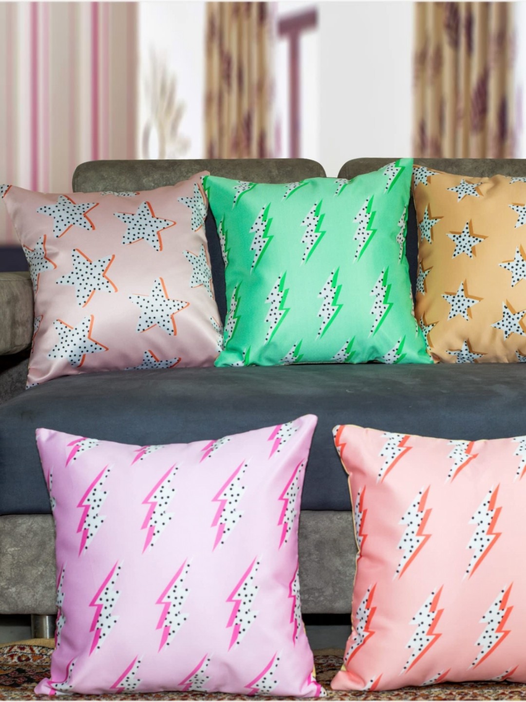 

Vendola Pink & White 5 Pieces Geometric Printed Satin Square Cushion Covers