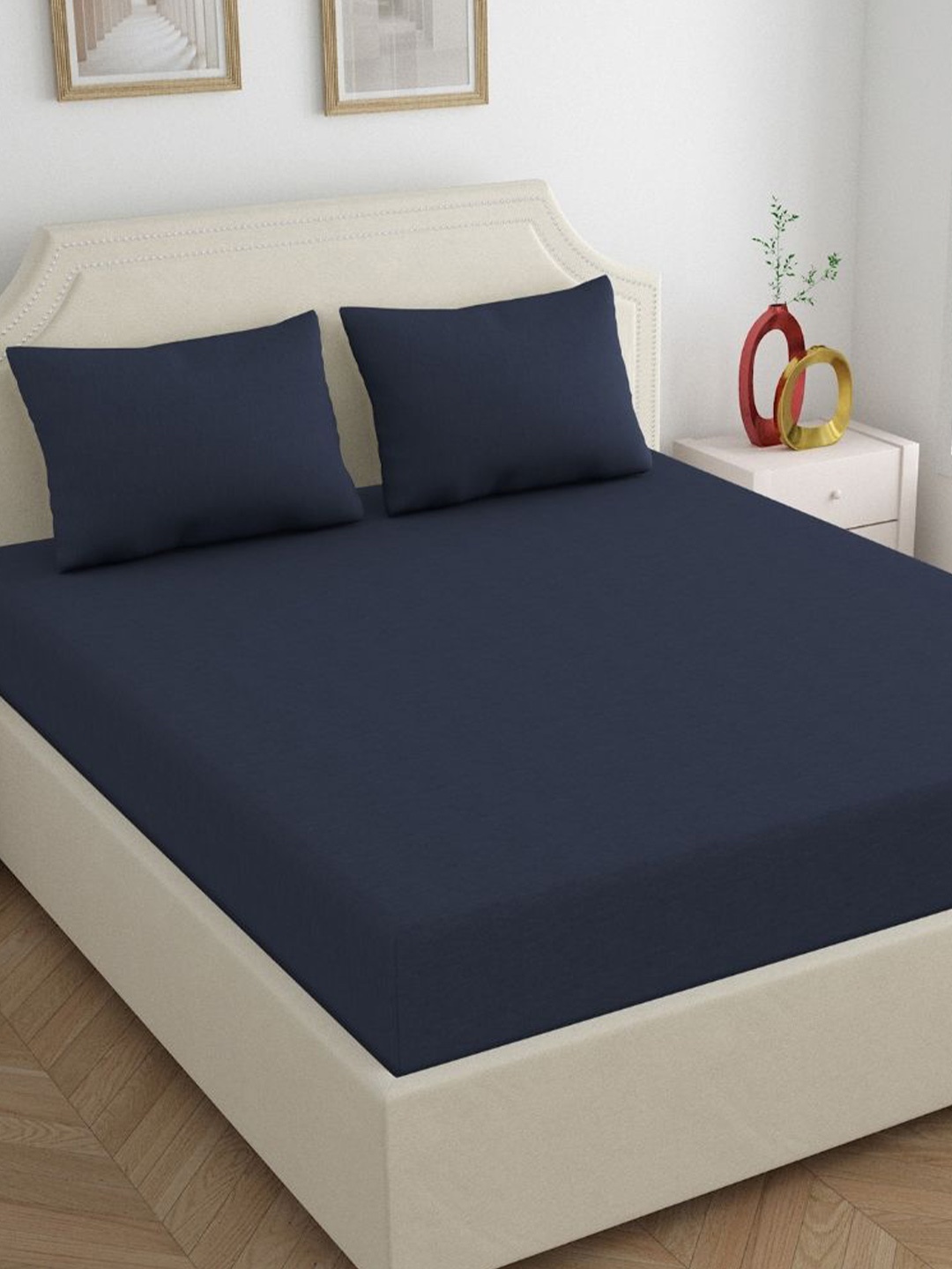 

haus & kinder Navy Blue 180 TC Pure Cotton Fitted Queen Bedsheet with 2 Pillow Covers