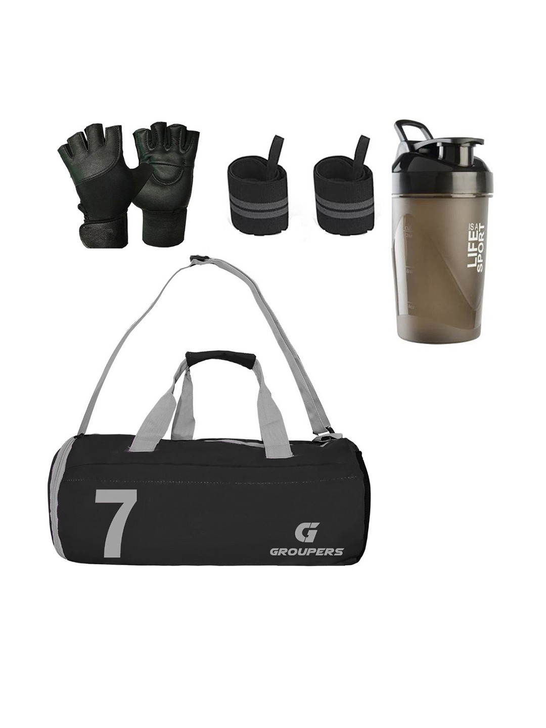 

GROUPERS Medium Foldable Sports Duffel Bag With Shaker Bottle Wrist Band & Gloves, Black