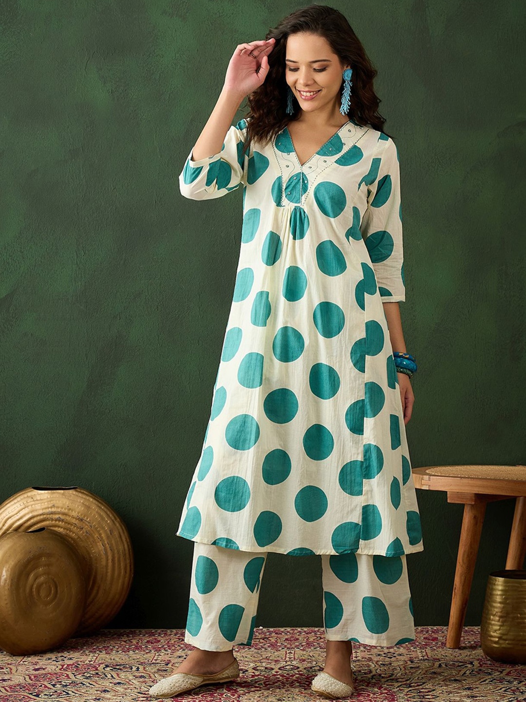 

Sangria Teal Dot Embroidered Pure Cotton Sequinned A-line Kurta With Trouser & Dupatta