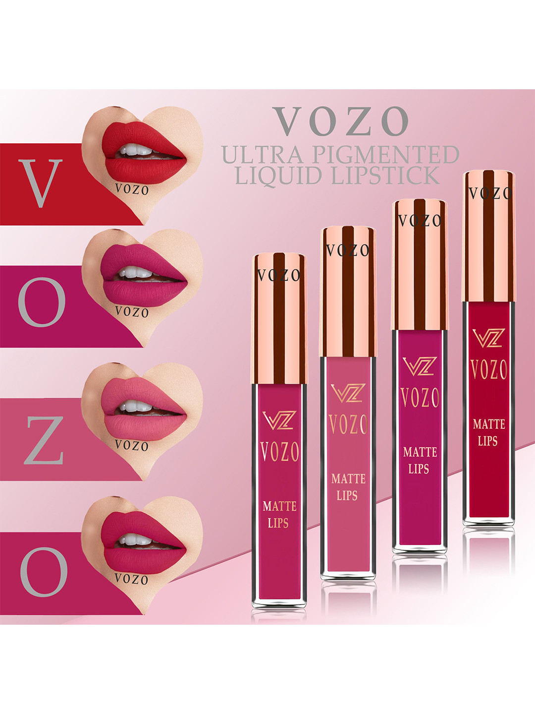 

VOZO Set Of 4 Stay-All-Day Matte Liquid Lipstick 4ml Each-104-106-203-204, Red